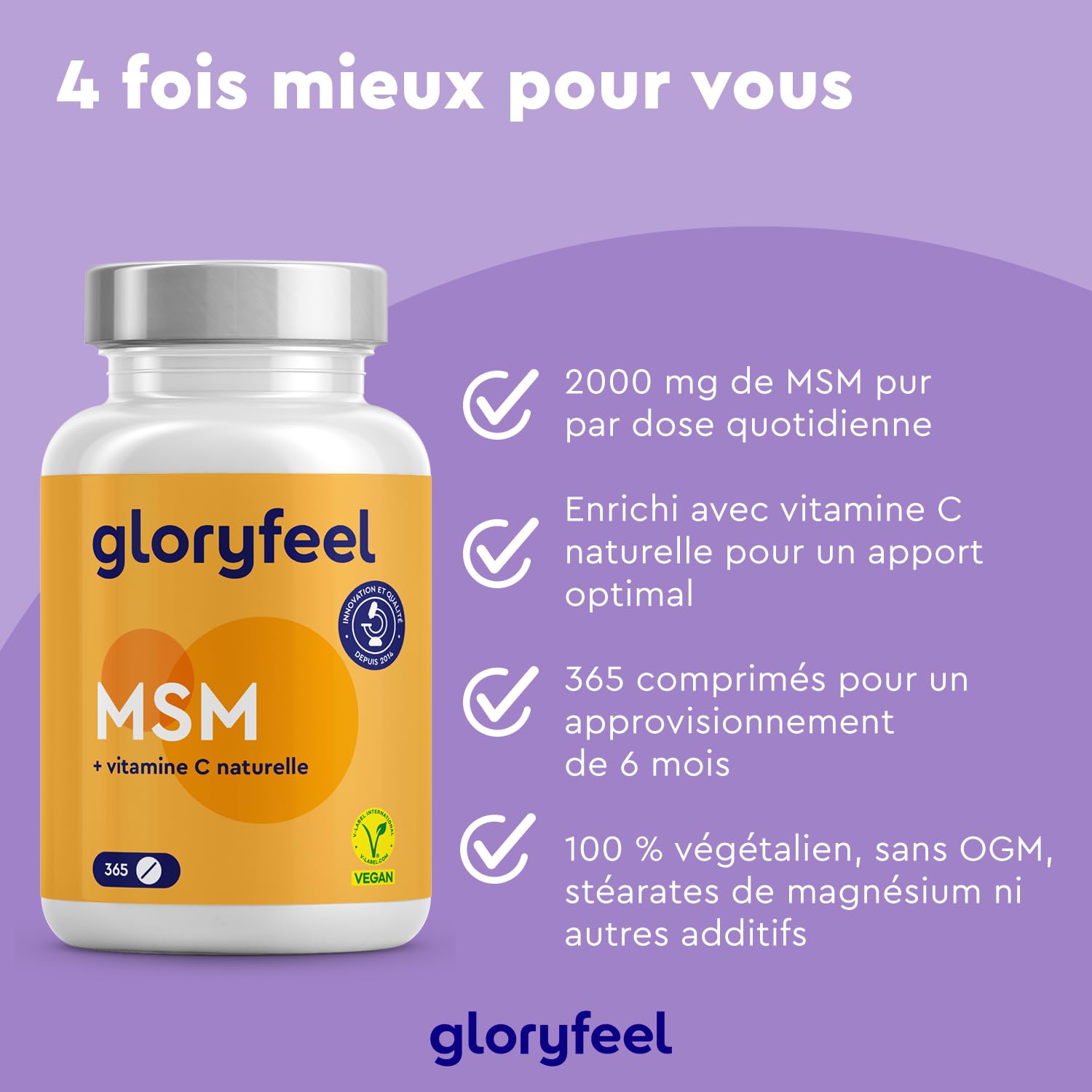 MSM avec Vitamine C, 365 Haute Résistance Comprimés Végan, Complexe pour les Os, Articulations, Peau & Système Immunitaire*, 2000 mg Méthylsulfonylméthane, Complément Alimentaire Naturel