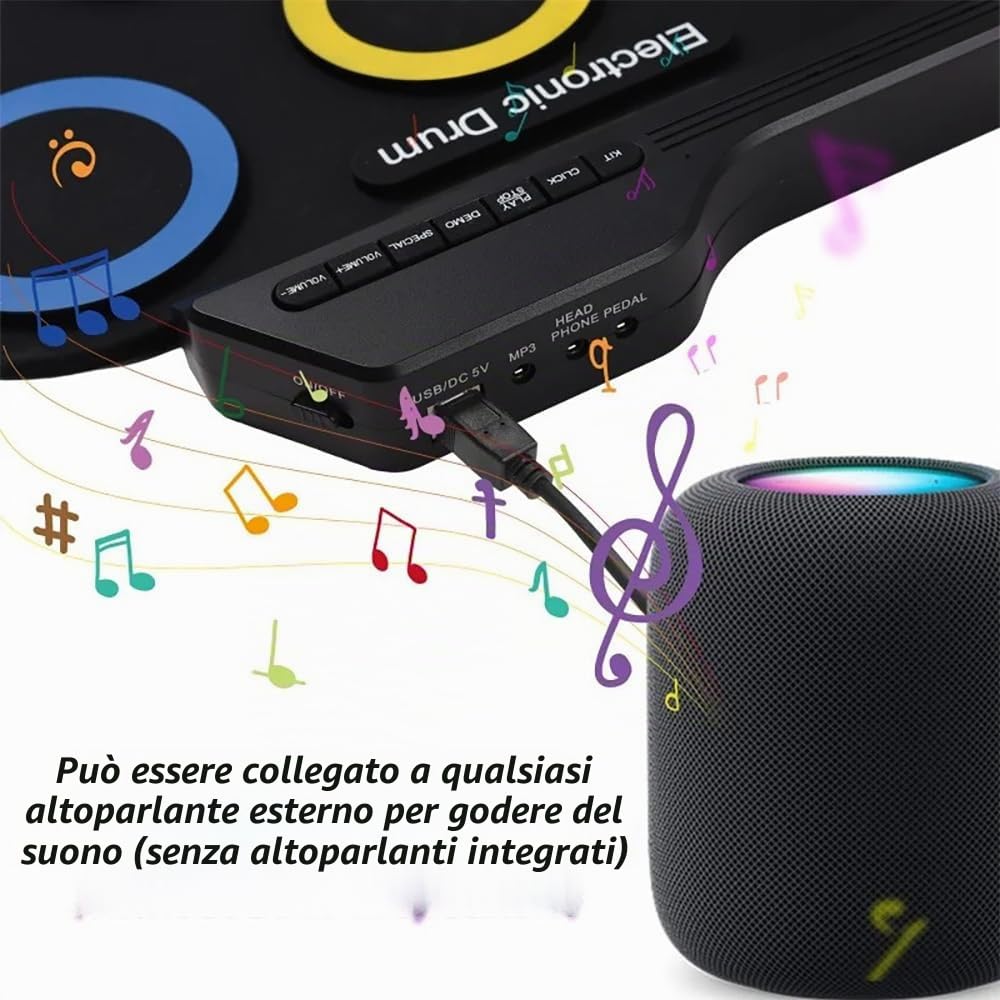 NEWFUN Batteria Elettronica Adulti, Tappetino Arrotolabile per Esercitarsi con 7 Drum Pad in Silicone con Mazzette e Pedale per Principianti