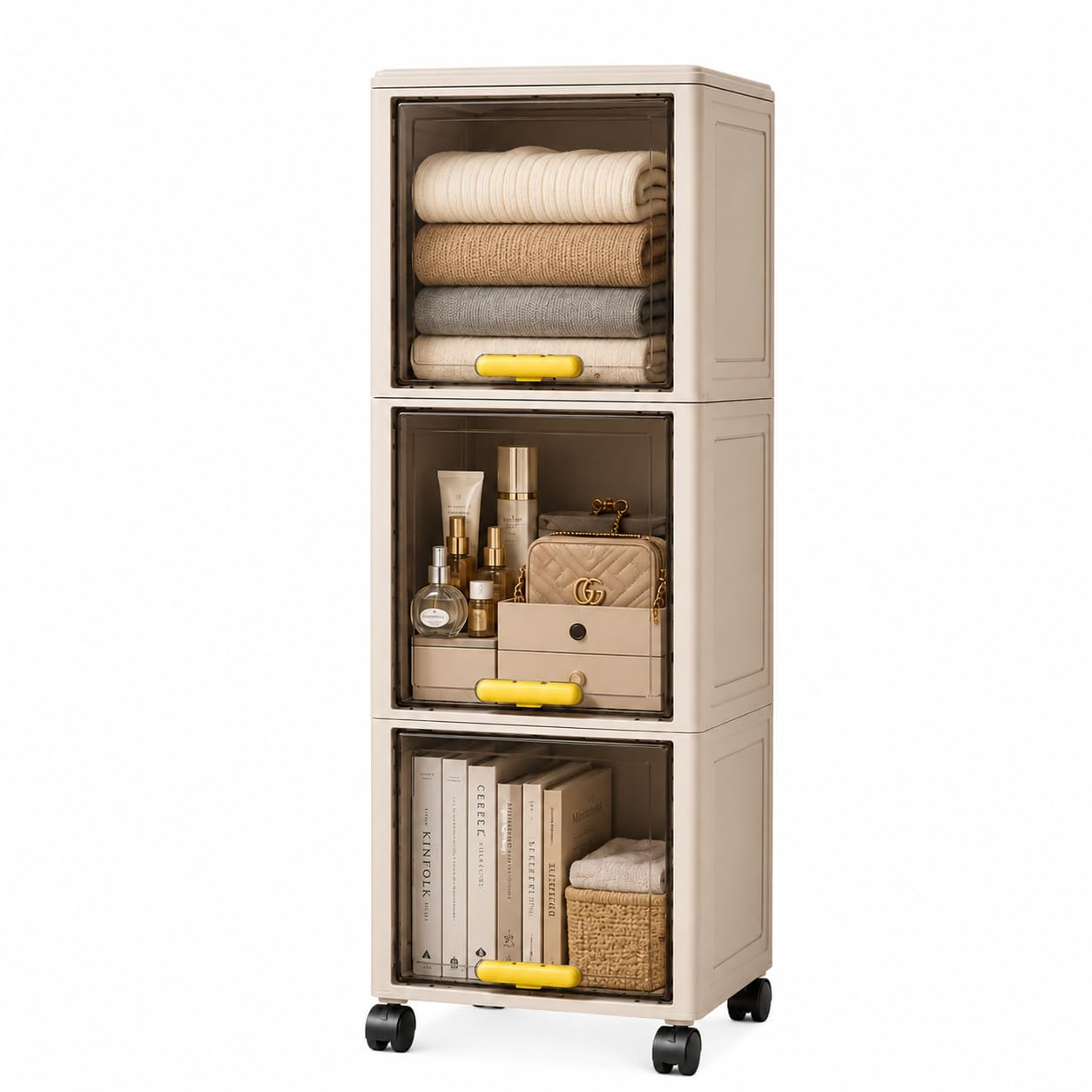 Mobiletto Bagno Salvaspazio 3 Livelli con Ruote - Organizer Salvaspazio ROBUSTO e Ante Trasparenti (20x30x85,5 cm) per Bagno,Cucina e Lavanderia - Carrello Portaoggetti Verticale - Facile da Montare