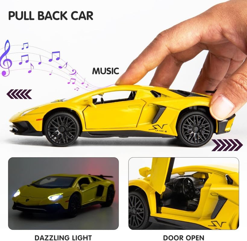 Image of Kids Model 1:32 LP750 Die Cast Metal Car Pull Back Action Opening Doors with Realistic Engine Sound Lights Toy Car Gift for Boys - Yellow
