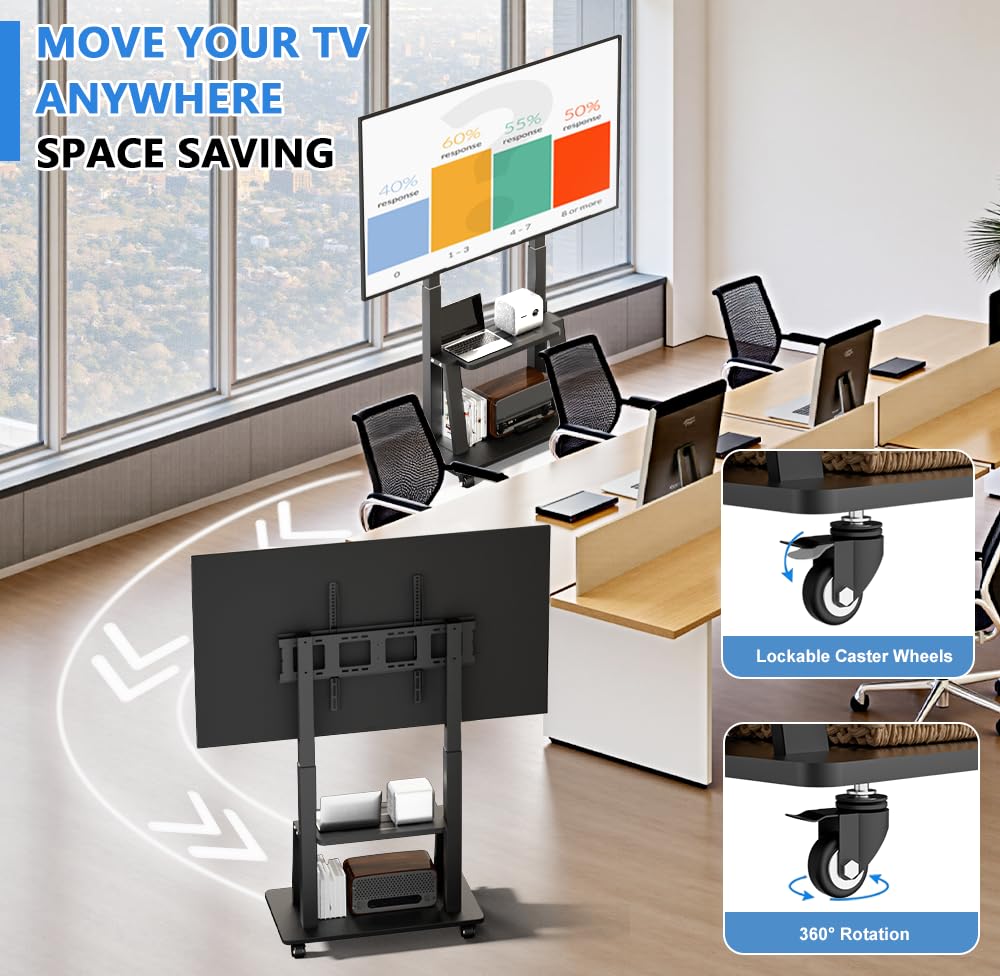 ONKRON Tv-standaard, rolbaar voor 40-80 inch tv's tot 55,5 kg, televisiestandaard, in hoogte verstelbaar, van aluminium, max 700 x 400 VESA -standaard, televisiewagen, rolwagen/tv-wagen met wielen