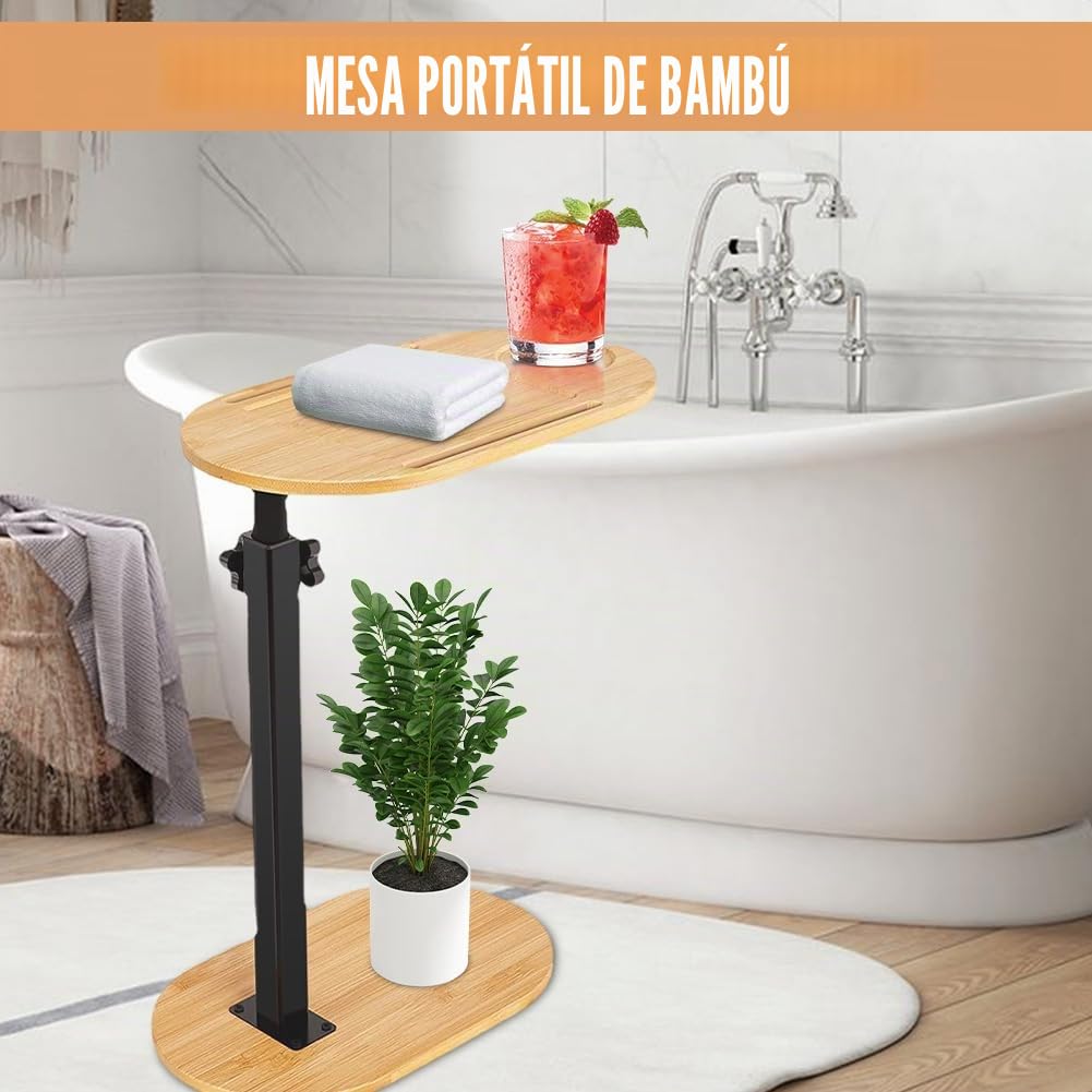 Mesa auxiliar en forma de C, mesa auxiliar de sofá, altura ajustable 360°, mesa auxiliar pequeña de 40 x 22 cm, mesa auxiliar de bambú, mesa de café pequeña con ranura para teléfono móvil