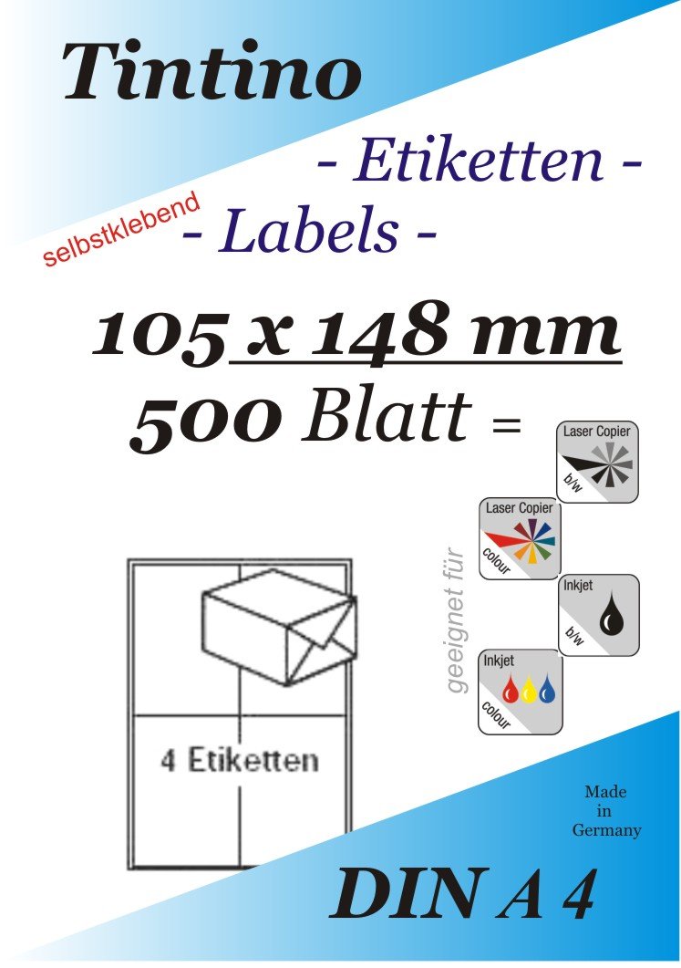 Etiketten 105 x 148-4 Stueck auf A4-500 Blatt DIN A4 selbstklebende Etiketten DHL Post 3483 6120 4476 c105148