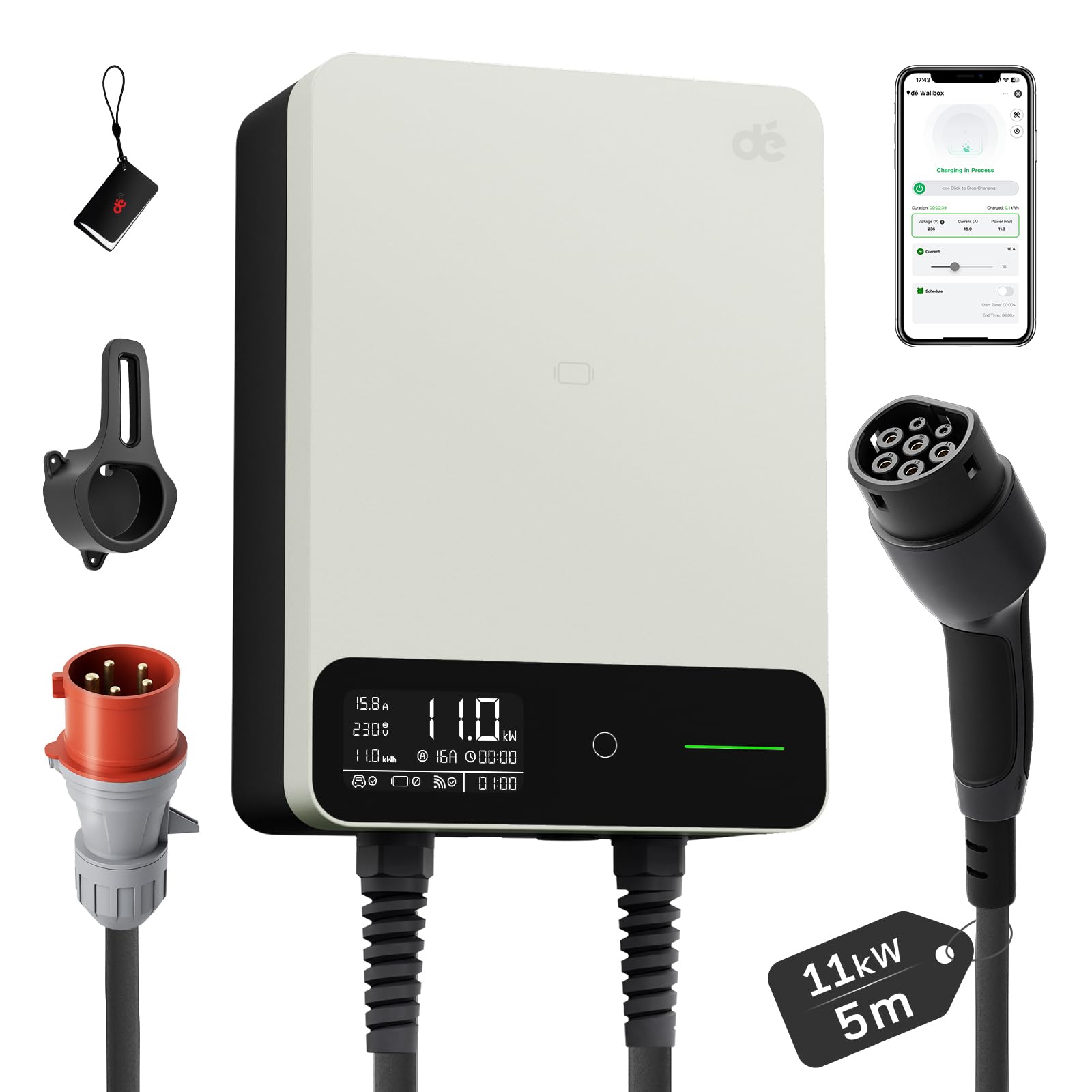 dé Skrzynka ścienna typu 2, 11 kW, z aplikacją i RFID, 6-16 A, 3-fazowa ładowarka EV, 400 V z kablem do ładowania 5 m i uchwytem na kabel do ochrony BEV/PHEV, RCD typu B i IP54, wydajna stacja
