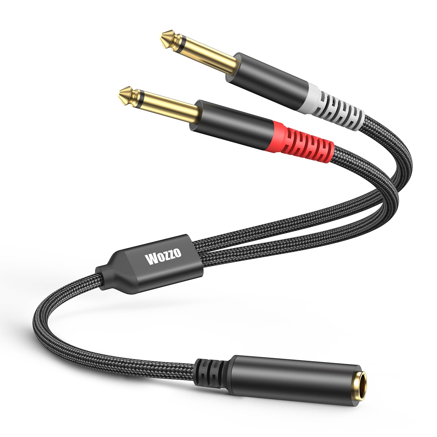 Wozzo 1/4 TRS to Dual TS Stereo Audio Splitter Cable (Dual 1/4 Inch TS to TRS Female Adapter) in Black - 11.8 Inches / 0.3 Meters (1 Pack)