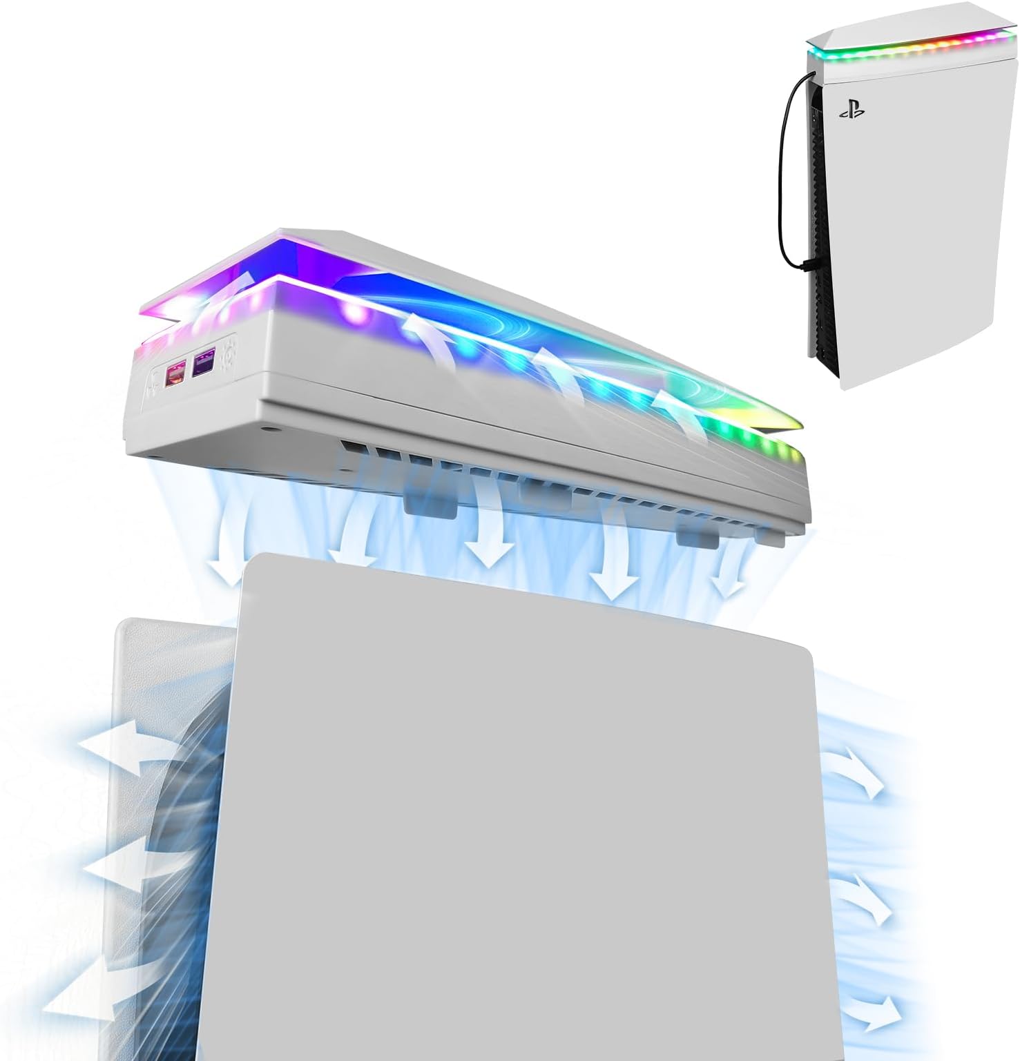 Console Cooling Fan with Dust Cover Colorful LED Light for PS5 Console Disc Edition & Digital Edition Silent Absorb Fan Cooler with 2 USB Port PlayStation 5 Cooling System