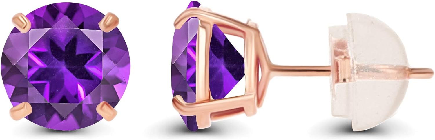 Solid 14K Yellow or White or Rose Gold 6mm Round Genuine Birthstone Gemstone Prong Set Stud Earrings For Women - Image 2