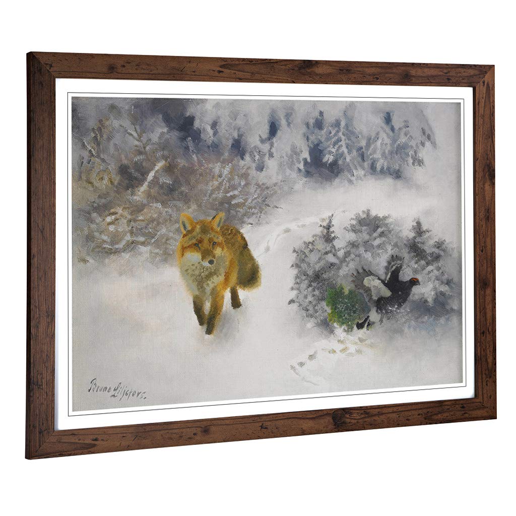 Big Box Art Framed Print of Bruno Liljefors Fox and Black Grouse Design | Wall Art Picture | Home Decor for Kitchen, Living Room, Bedroom, Hallway, Walnut, A2 / 24.5x18 Inch / 62x45cm