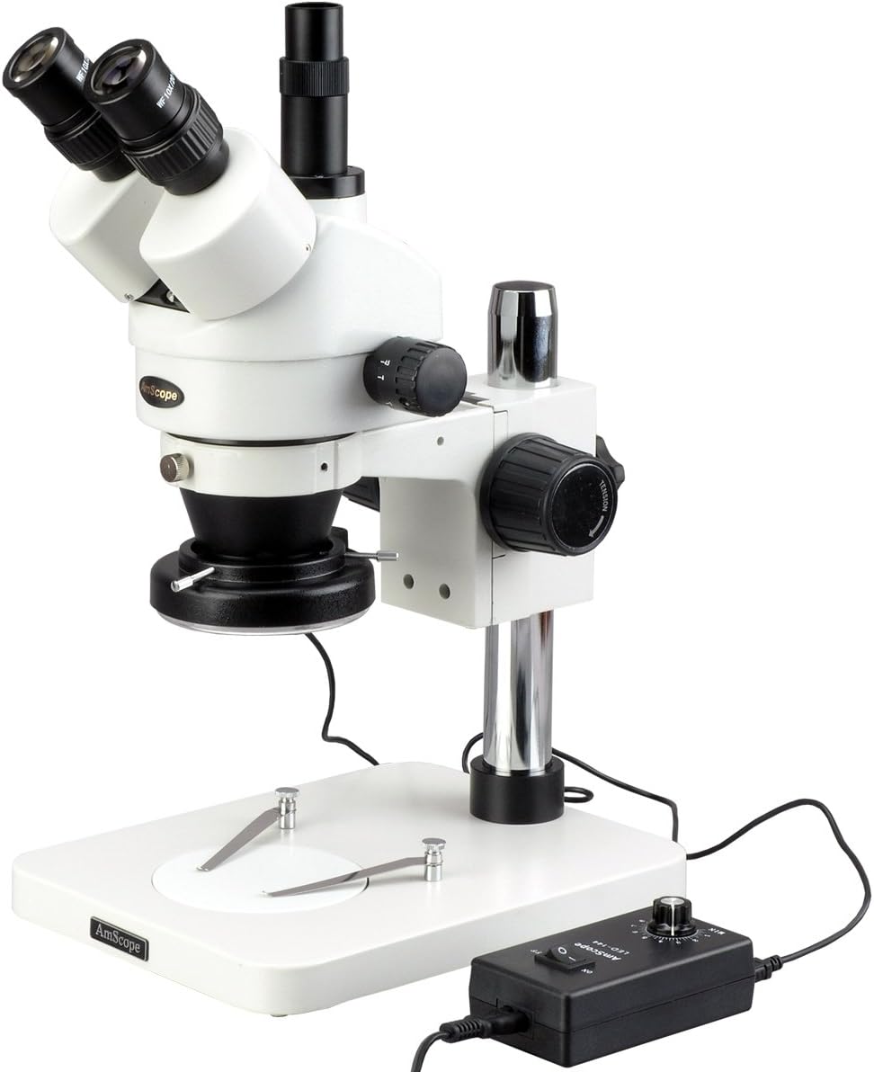 AmScope SM-1TS-144 Professional Trinocular Stereo Zoom Microscope, WH10x Eyepieces, 7X-45X Magnification, 0.7X-4.5X Zoom Objective, 144-Bulb LED Ring Light, Pillar Stand, 100V-240V