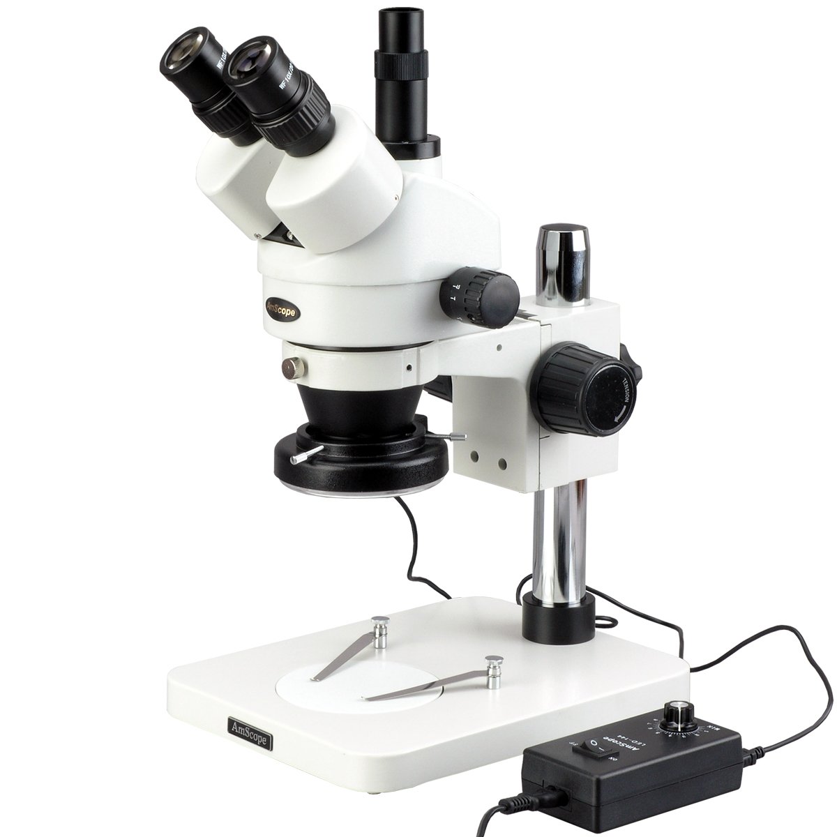 AmScope SM-1TS-144 Professional Trinocular Stereo Zoom Microscope, WH10x Eyepieces, 7X-45X Magnification, 0.7X-4.5X Zoom Objective, 144-Bulb LED Ring Light, Pillar Stand, 100V-240V