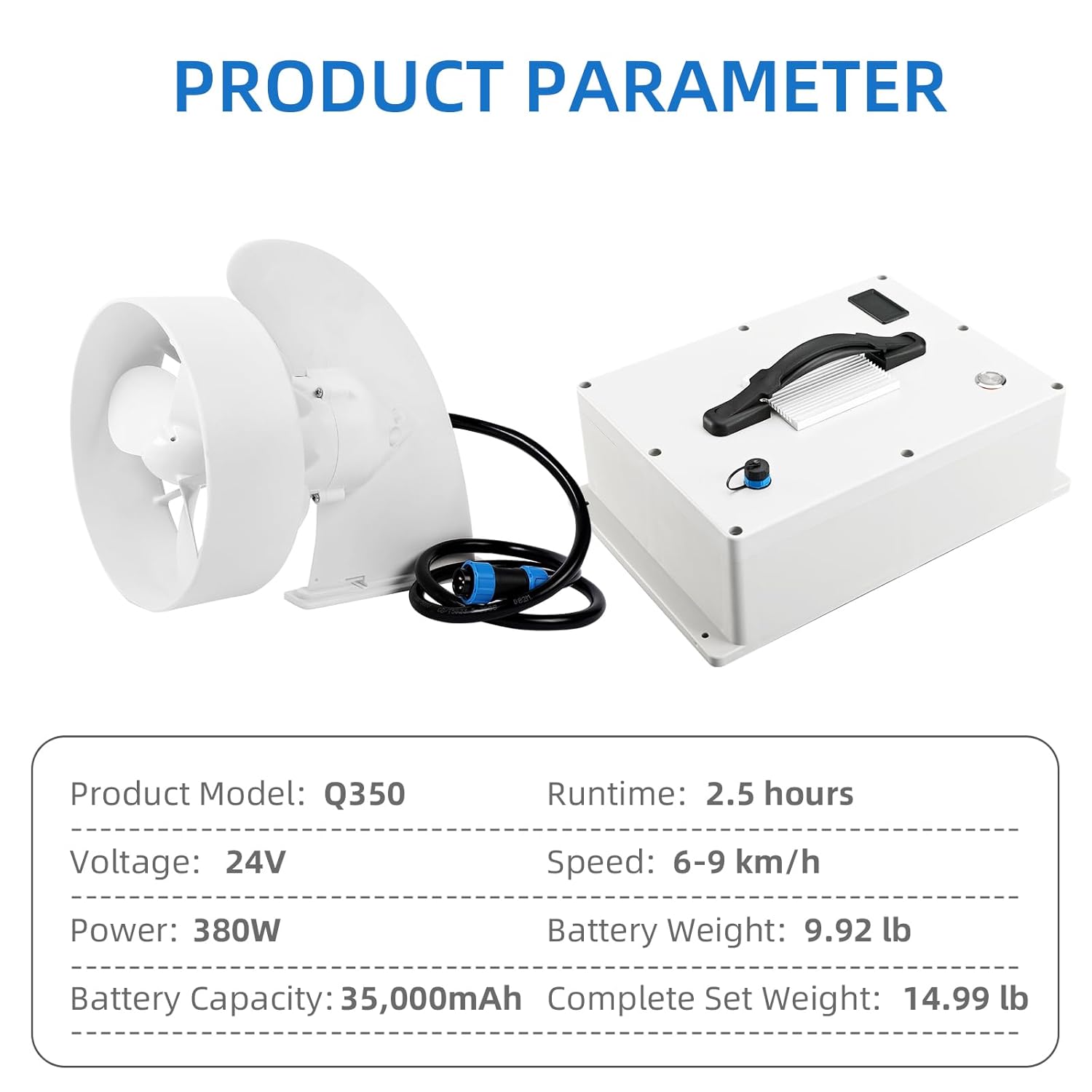 Underwater Thruster for Paddleboard Kayak Boat, 24V/380W Electric Fin with 2.5-Hour Runtime, Brushless Motor 3-Blade Propeller, 6-9 km/h Speed, with Battery Box, RC and Adapter Base