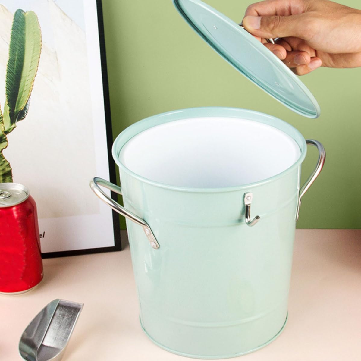VICASKY Cubo de Hielo Portátil de Hierro Asa Hogar y Fiestas, Balde de Hielo Verde Resistente y Funcional para Ktv y Eventos