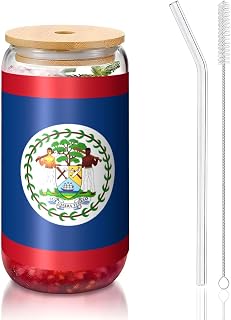 Belize Flag 16 oz Bamboo Lid and Straw Cup. BPA Free. Reusable drinking cup with bamboo lid and glass straw for hot or cold drinks.