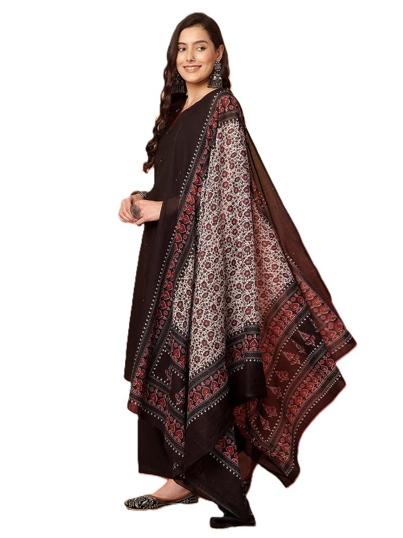 Women's Dark Brown Kurta Palazzo Set with Printed Dupatta-image-1