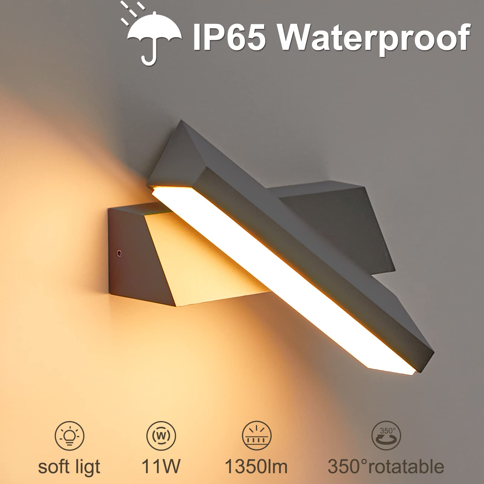 Aplique LED Exterior - Lámpara Moderna 11W, IP65 Impermeable, 2700K Blanco Cálido, Aluminio, Ángulo Ajustable, Gris
