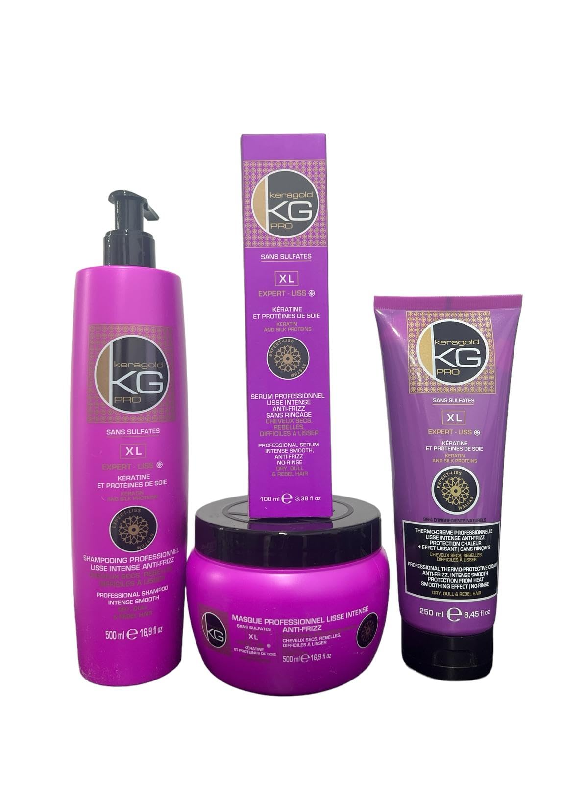 KERAGOLD PRO – Pack Ultime Expert Liss XL – Gamme XL – Sans Sulfates – Shampoing 500ml + Masque 500ml + Sérum 100ml + Soin Sans Rinçage Aléatoire – Kératine & Protéine de Soie