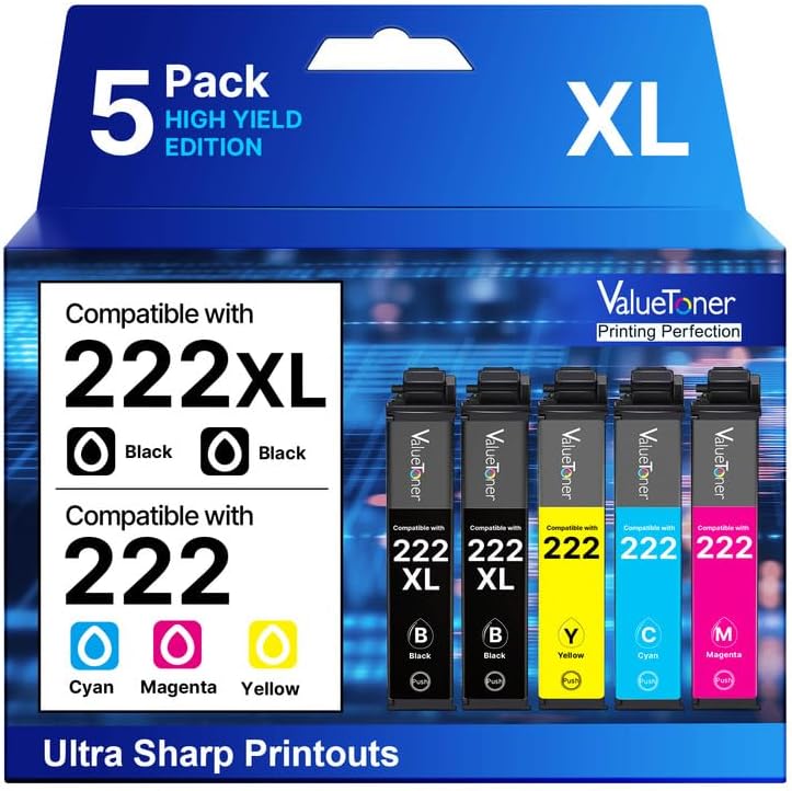 222XL Ink Cartridges for Epson Printer (5-Pack) High-Capacity Black & Standard Color Remanufactured for Epson 222 Ink Cartridges 222XL Work with Workforce WF-2960 Expression XP-5200 Printer