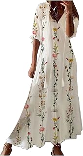 Women's Casual Loose Bohemian Floral Dresses 2024 3/4 Sleeve V Neck Ruffle A Line Flowy Summer Beach Dress - Buy now