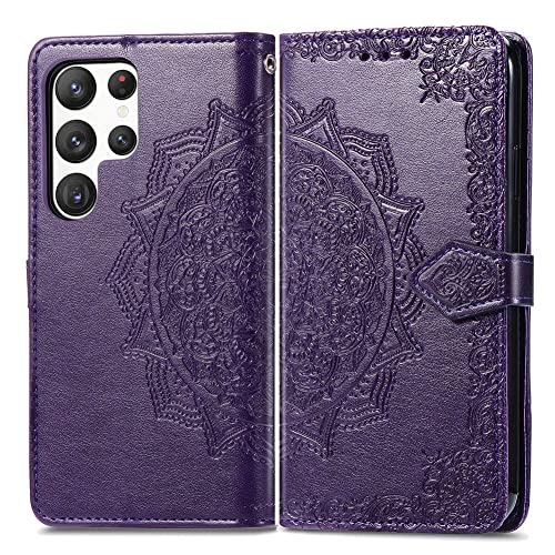 COTDINFOR Compatible with Samsung Galaxy S23 Ultra Case Leather Wallet Flip Magnetic Closure Shockproof Protective Case with Card Slots and Stand Phone Case for Galaxy S23 Ultra. Mandala Purple