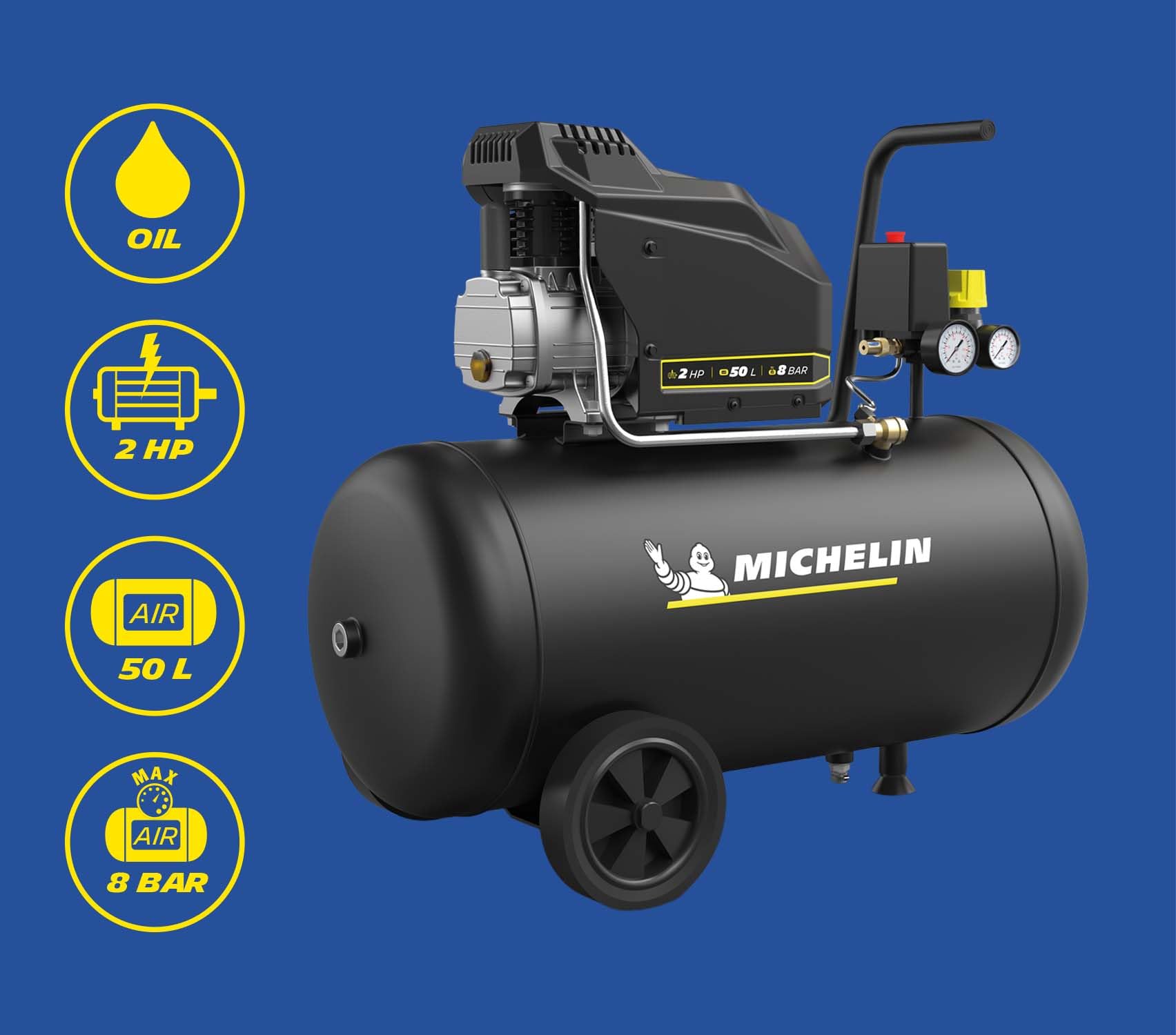 MICHELIN, Kompresor powietrza MX POP AIR 50-2 l, zbiornik 50 litrów z kołami, silnik 2 KM, maksymalne ciśnienie 8 bar, przepływ powietrza 195 l/min