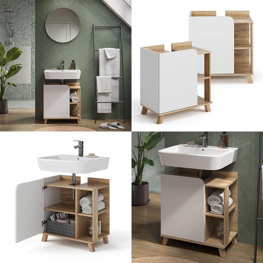 Vicco Waschbeckenunterschrank Karen, Sonoma/Weiß, 60 x 65 cm mit Tür und offenen Fächern, mit Siphonausschnitt zur Montage unter dem Waschbecken