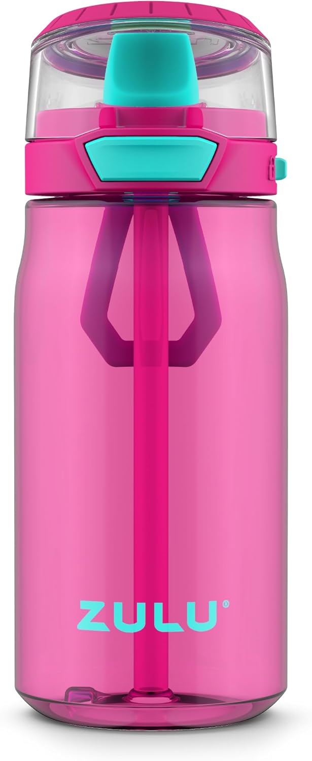 Zulu Kids Flex 16oz Tritan Plastic Water Bottle with Silicone Spout, Leak-Proof Locking Flip Lid and Soft Touch Carry Loop for School Backpack, Lunchbox, and Outdoor Sports, Pink
