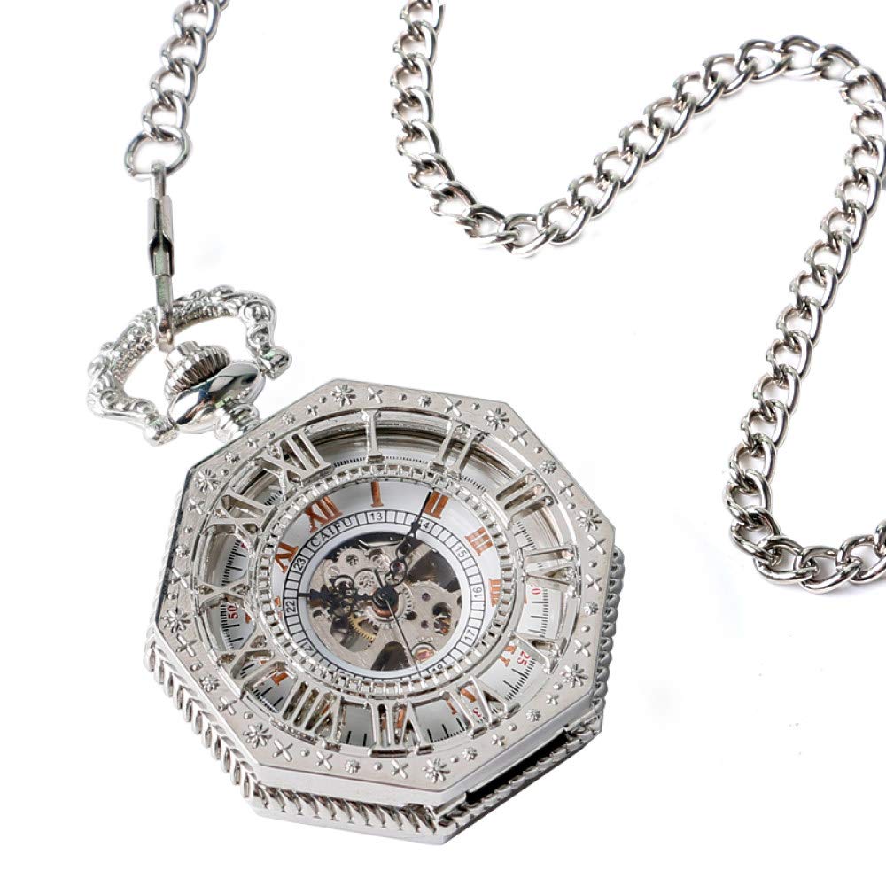 Handwickelnde mechanische Taschenuhr Kette Mode Silber Oktagon Form Skelett Schnitzmänner Uhren