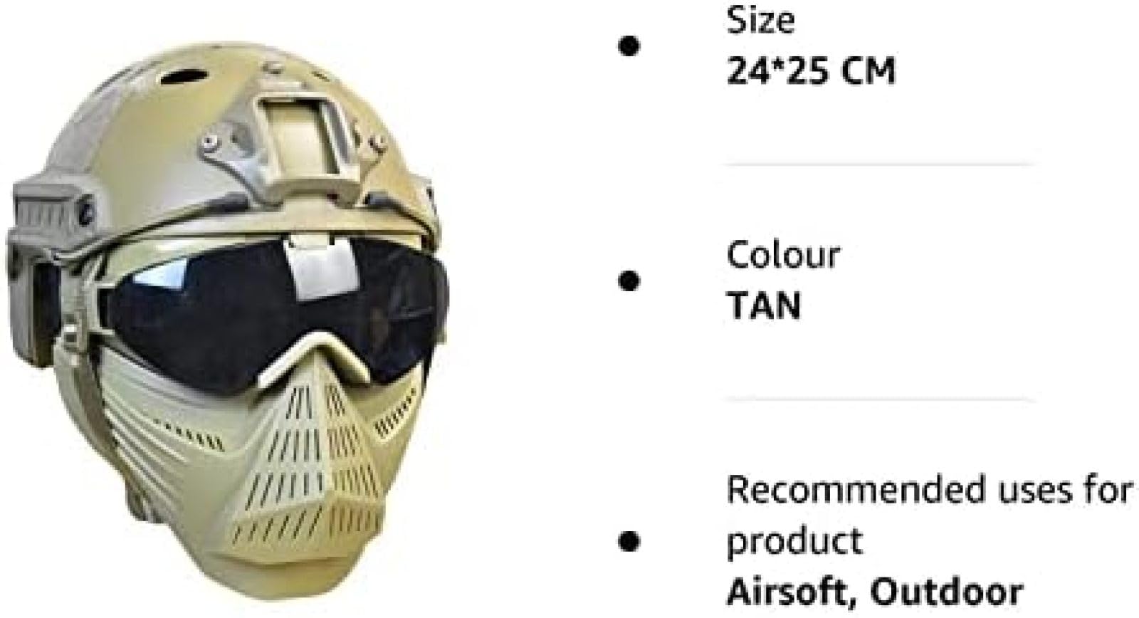 Casco Protettivo tattico Integrale da Softair con Maschera per Occhiali e Lenti, da Applicare al Gioco di Sopravvivenza CS Paintball di Ruolo,Tan,24 * 25 CM
