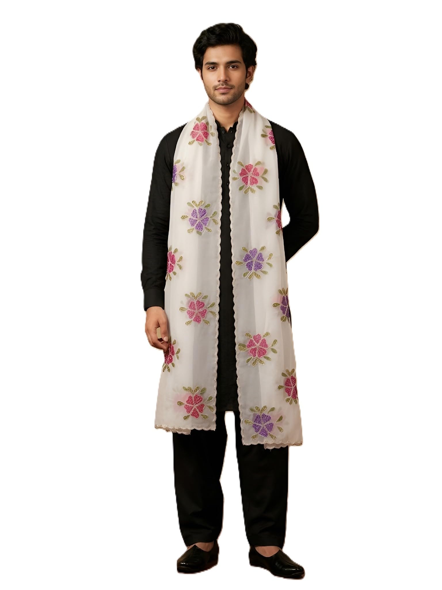 muffly Premium Organza Dupatta for Men’s with Zari Floral Brush Print & Scalloped Border | Lightweight Dupatta | 2.5 Meter-picture-24