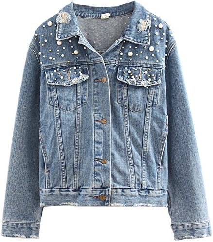 HOOBEE DENIM Women's Oversized Distressed Denim Jacket with Pearls