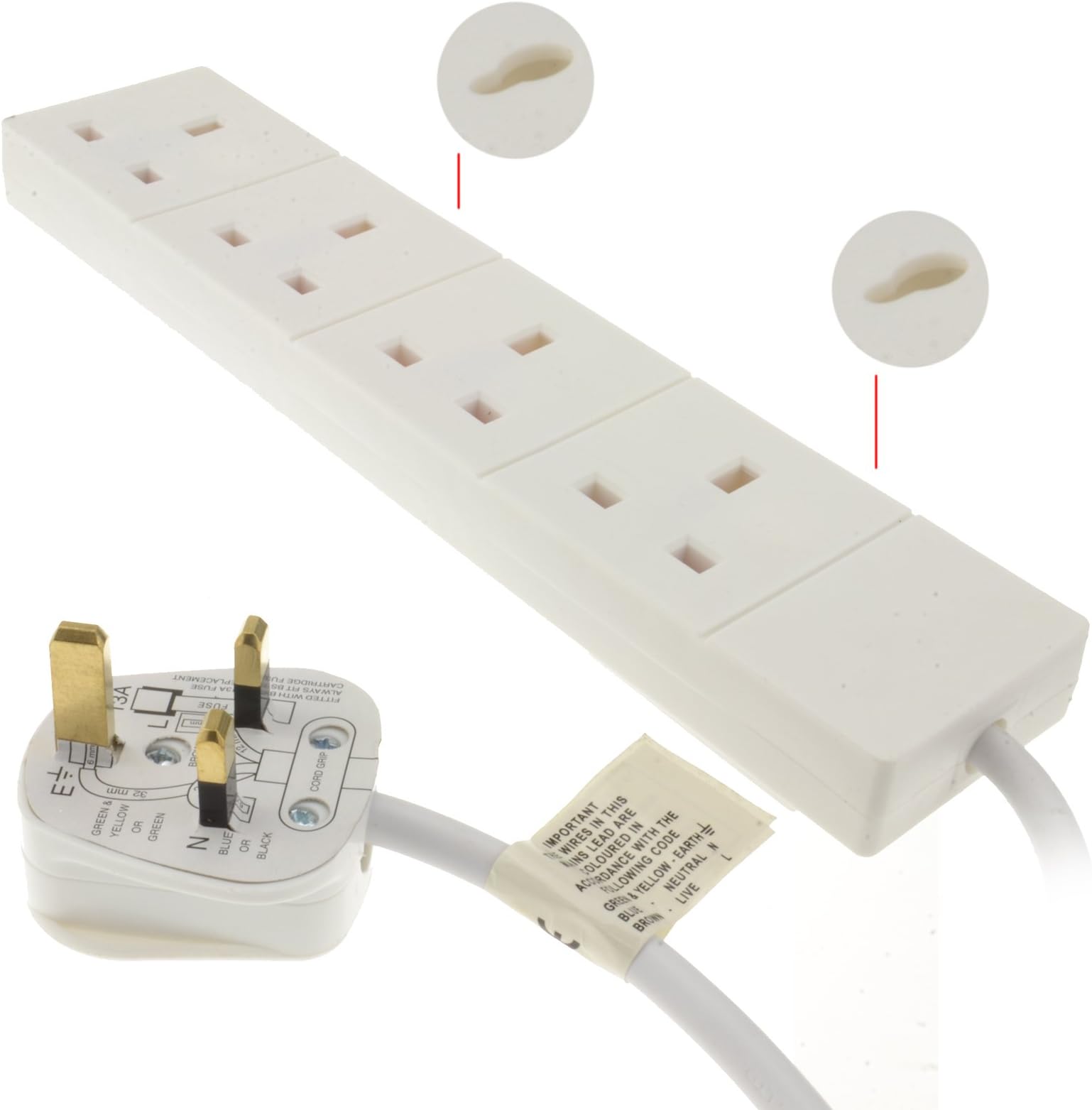 kenable 4 Gang Way UK 13A Trailing Socket Mains Power Extension Lead White 0.5m 50cm [0.5 metres]