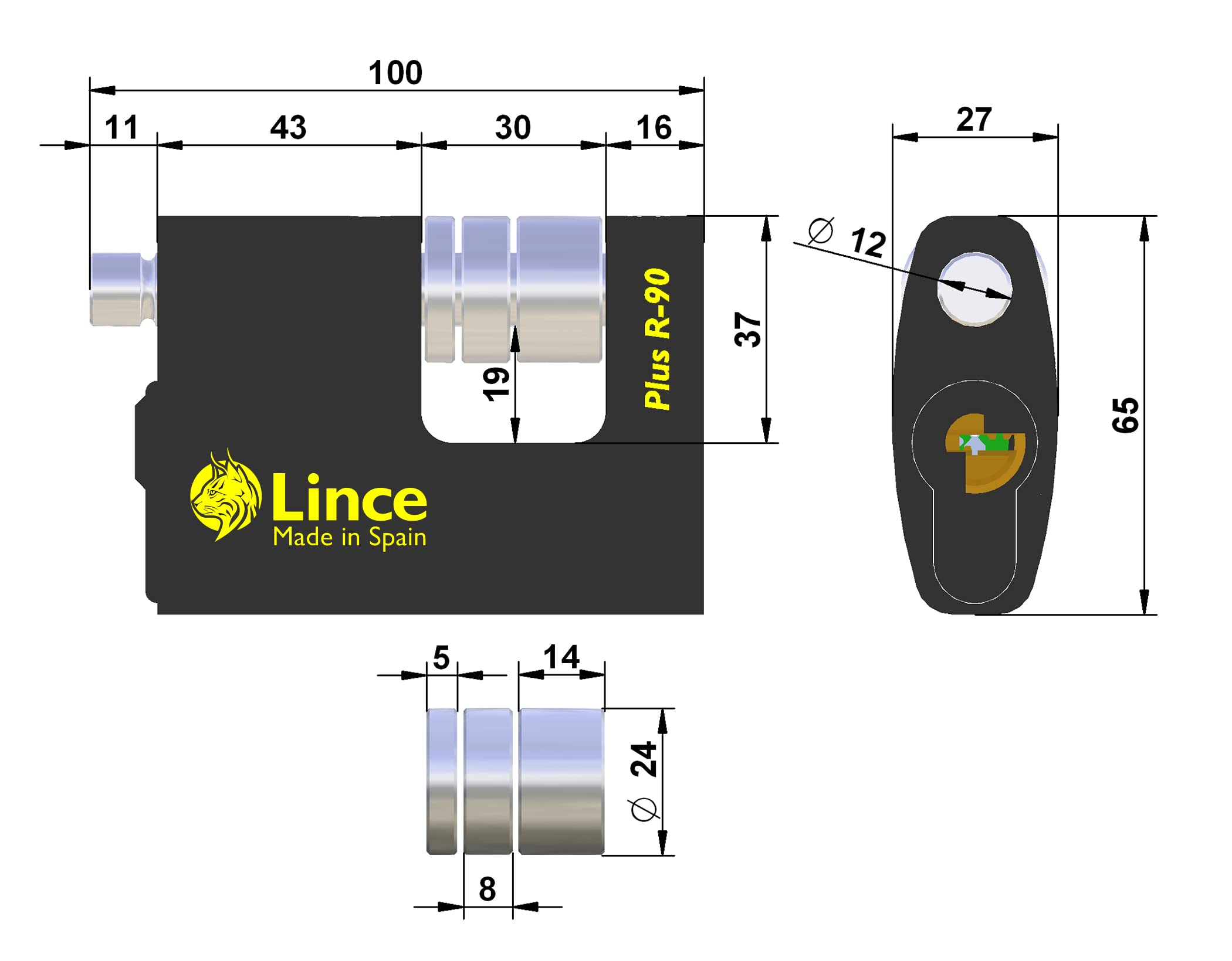 Lince Candado PLUS R90 I Candados de Alta Seguridad, 90x65mm. I Mecanismo de Cierre por pasador I Monobloque de acero macizo.