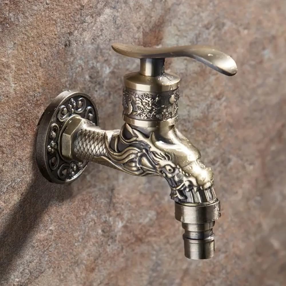 Wall Mount Tap Bibcock Antique Carved Zinc Alloy Retro Decorative Garden Faucet Single Hole Washing Machine Mop WC Outdoor Taps