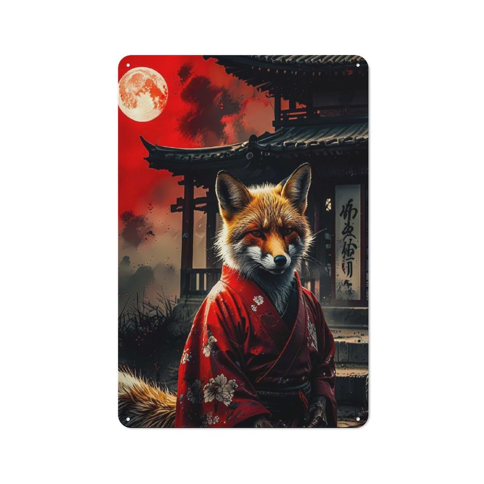 Junmoney Style Fox Spirit In A Red Kimono Vintage Metal Wall Sign 30X20cm For Kitchen Or Home Bar, For Garage, Workshop And Man Cave Decoration