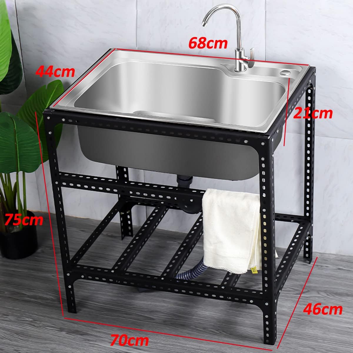 Kitchen Sink Set Freestanding Stainless Steel Laundry Tub with Tap Storage Rack for Indoor Outdoor Garage Restaurant Laundry Room Workshop (68x44cm)