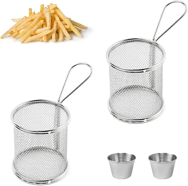 DECARETA Chip Serving Frying Baskets 2 Pcs Mini Chip Baskets with 2 Cups,Chef Chrome Fry Basket Set,Stainless Steel French Fry Cooking Tapas Food for Table Serving Food Presentation Kitchen Use