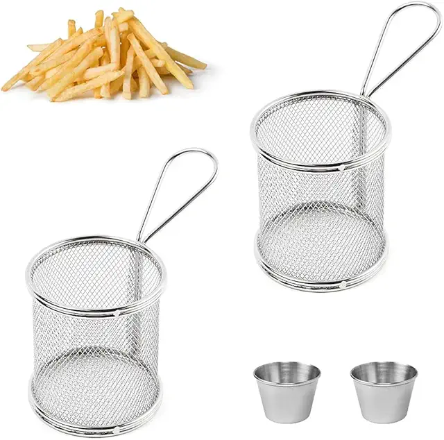 DECARETA Stainless Steel Fry Baskets Set with 2 Mini Baskets & 2 Cups
