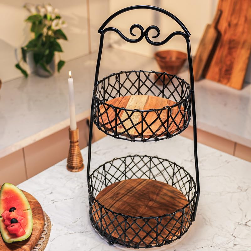 Image of Orbit Multipurpose 2-Tier Storage Basket | Acacia Wood & Iron Handles | Wooden Storage Organizer | Kitchen, Living Room, Bathroom & Home Decor | Natural Finish