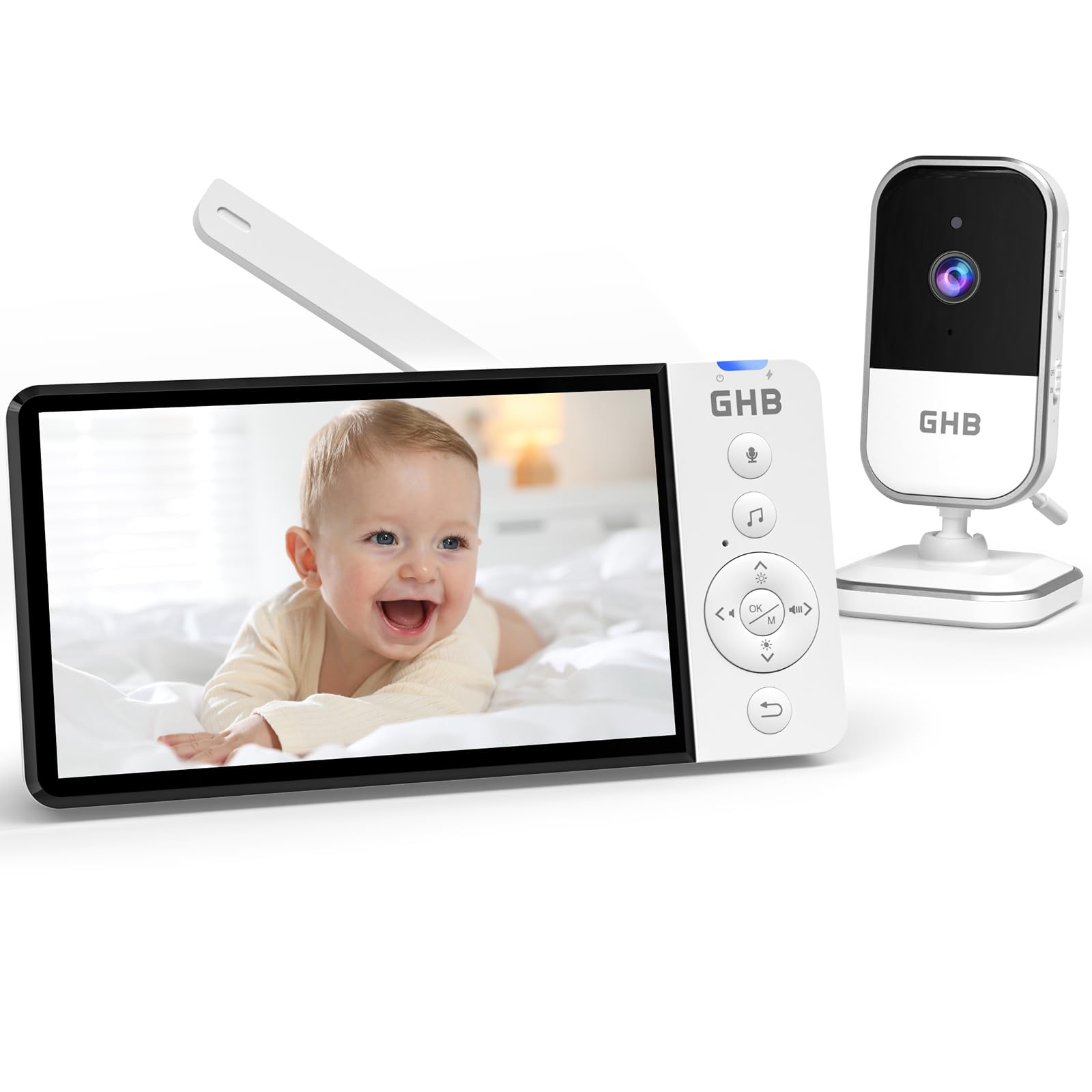 GHB Babyphone mit Kamera 5 Zoll IPS-Display 720P 5000 mAh VOX-Energiesparmodus 4X Zoom Nachtsicht Zwei-Wege-Audio Temperatursensor Nicht drehba