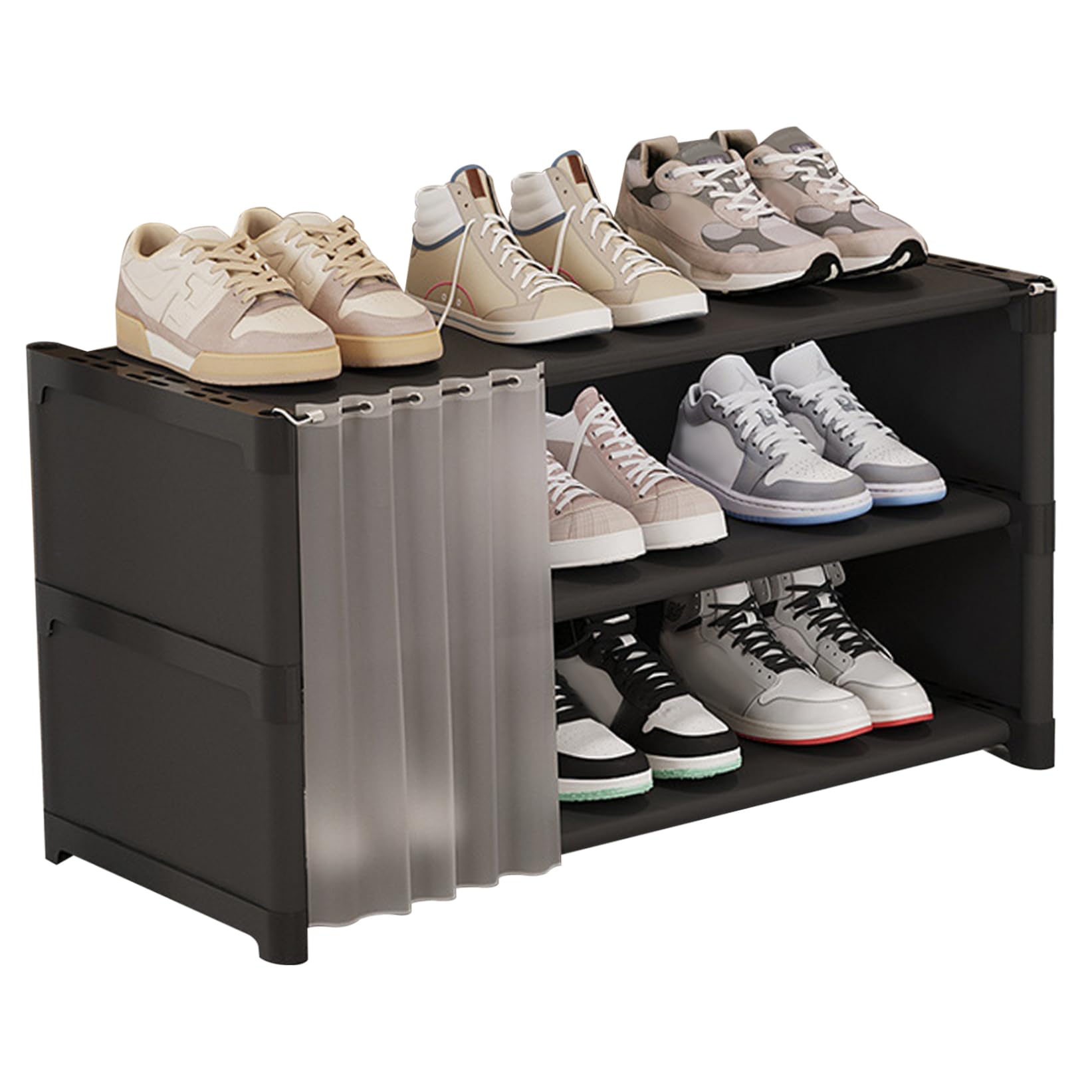 StaZamor 3-Layer Shoe Rack Organizer with Cover Curtain, Space Saving Shoe Shelf Holds 9 Pairs, Sturdy Storage for Entryway, Doorway, Bedroom Closet