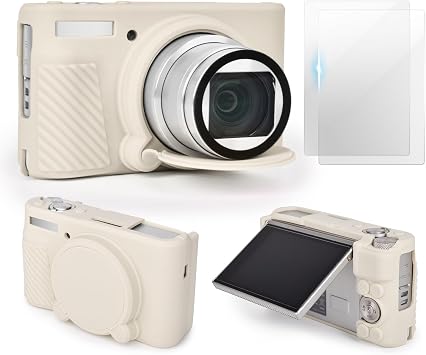 VOVMOEYA SX740/730 Case Set, Silicone Case + Glass Protective Film, Compatible Canon SX740/SX730 Digital Camera Protective Cover for HS Compact Camera, Tempered Glass, Anti-Slip, Shockproof Beige