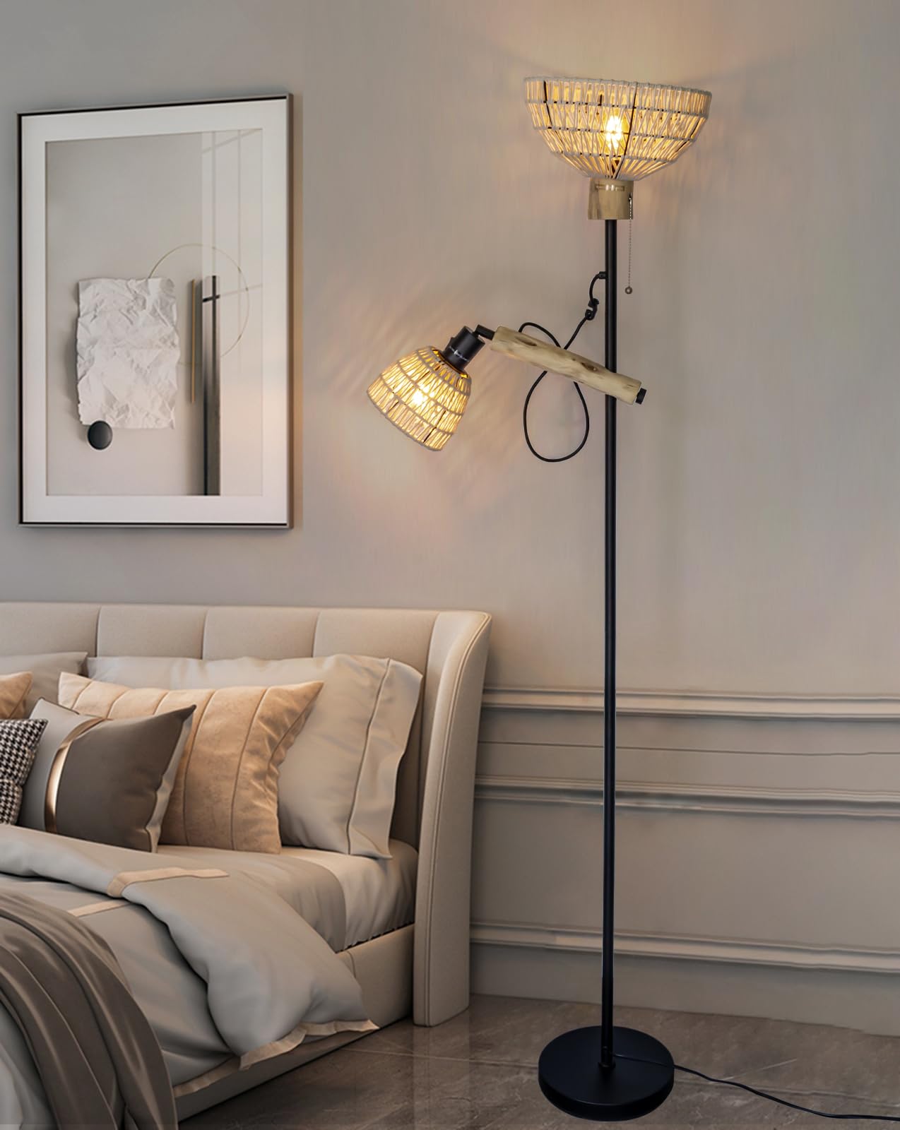 Stehlampe mit 2 Schirmen, Boho-Industrial Design, 163 cm | Metall-Holz-Kombination, Praktischer Schalter, Ohne Glühbirnen, Für Wohnzimmer