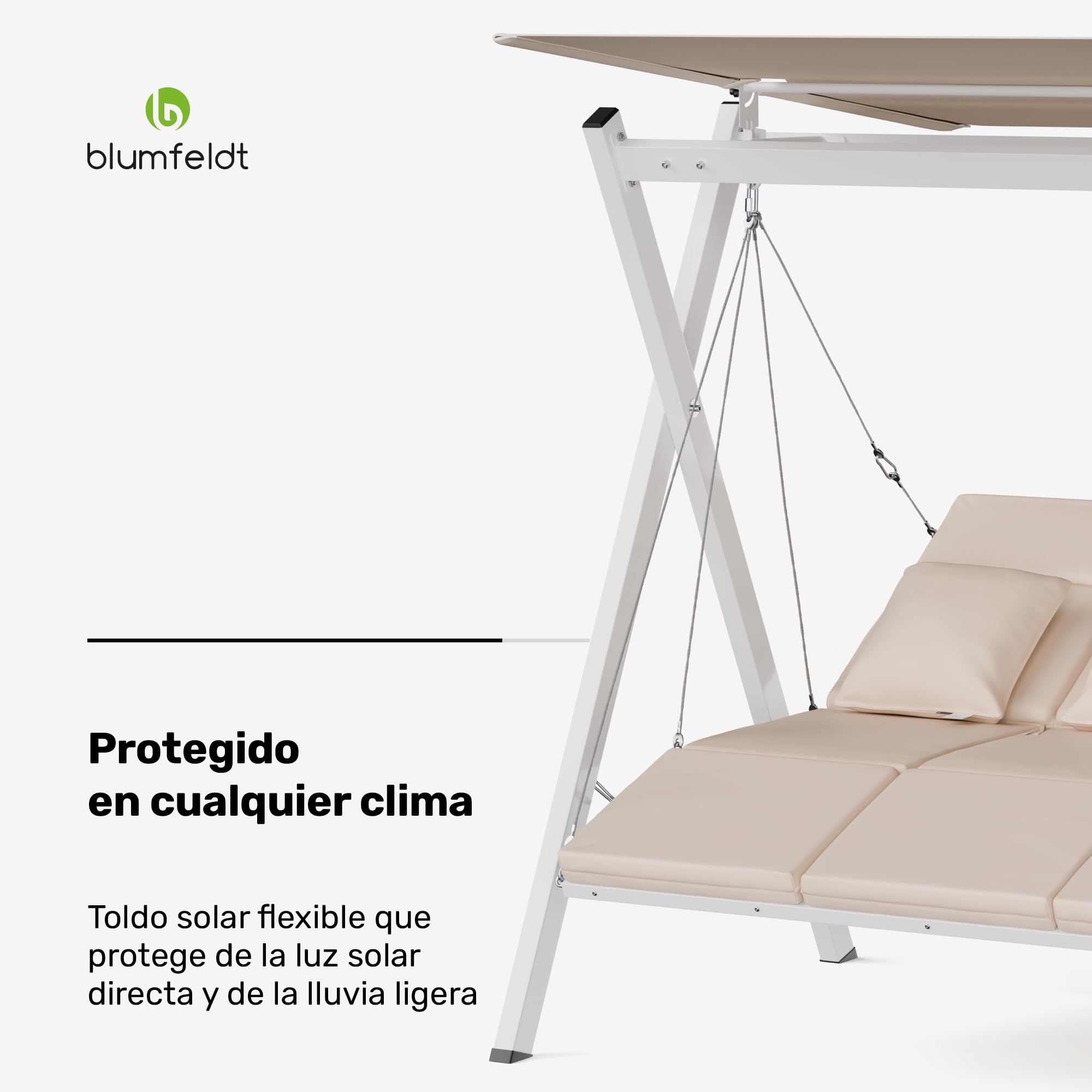 blumfeldt FlexiSwing Balancín Jardín Exterior – 3 Plazas, Respaldo y Toldo Ajustables, 240 kg de Capacidad, Estructura de Acero Resistente, Cojines Gruesos, Balancín para Jardín Exterior