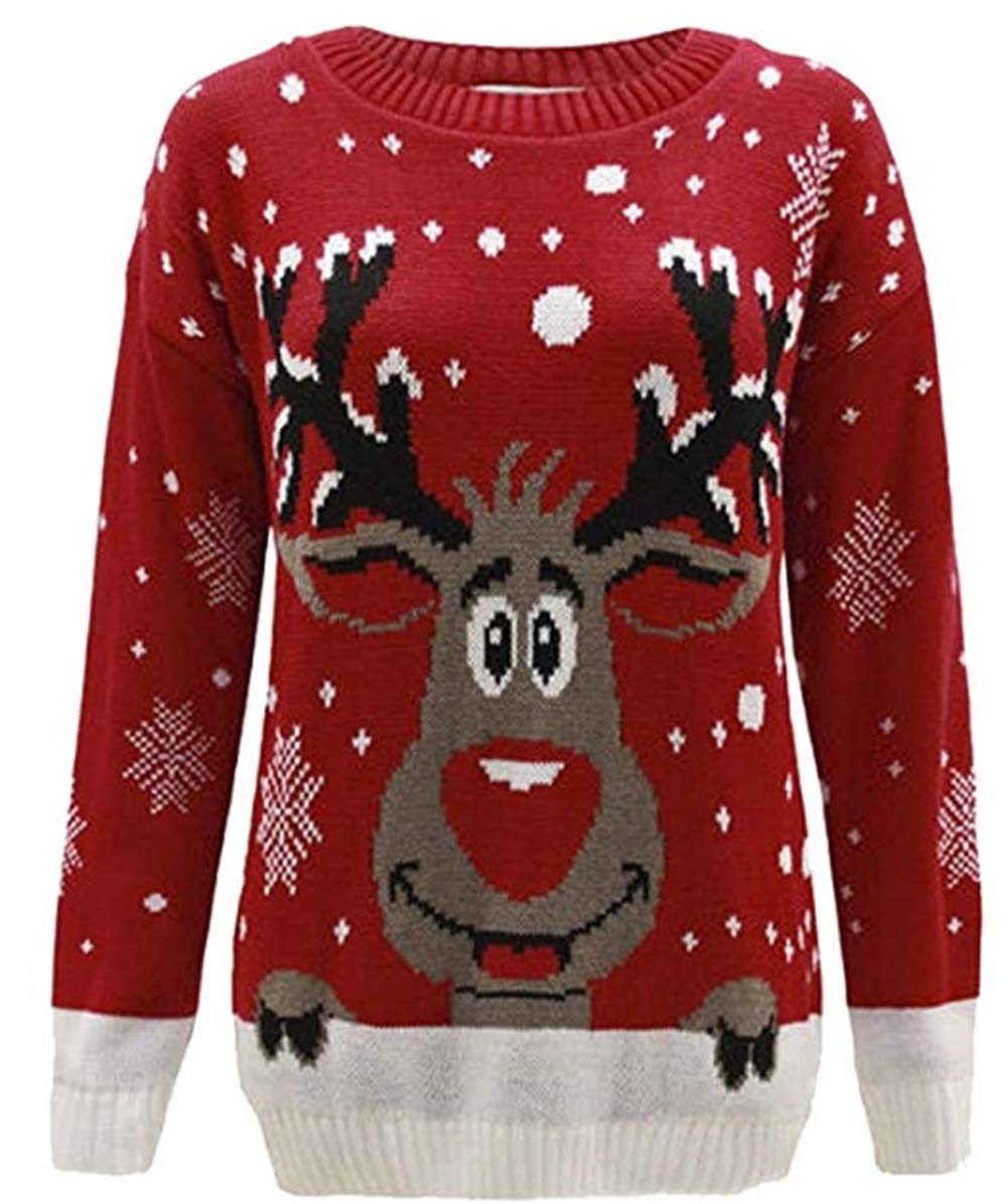 CELEBMODELOOK Women's Knitted Merry Christmas Xmas Snowflake Ladies Reindeer Pom Jumper D12