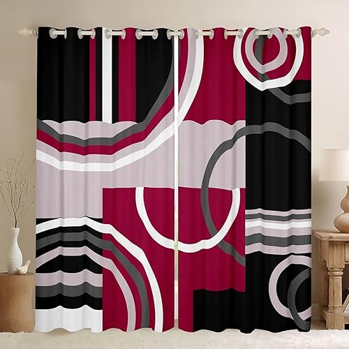Feelyou Cortinas geométricas para ventana para dormitorio, sala de estar, niños, adolescentes, geometría moderna, color borgoña, decoración de