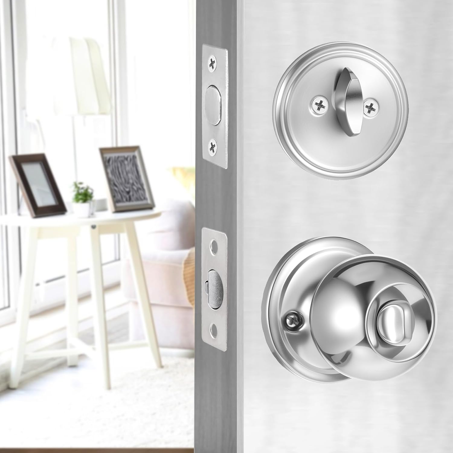 2 Sets Entry Door Knob Entry Dead Bolt Level Door Locks Combo Set Round Ball Satin Security Door Knobs with Lock and Keys for Entrance Lock and Front Gate