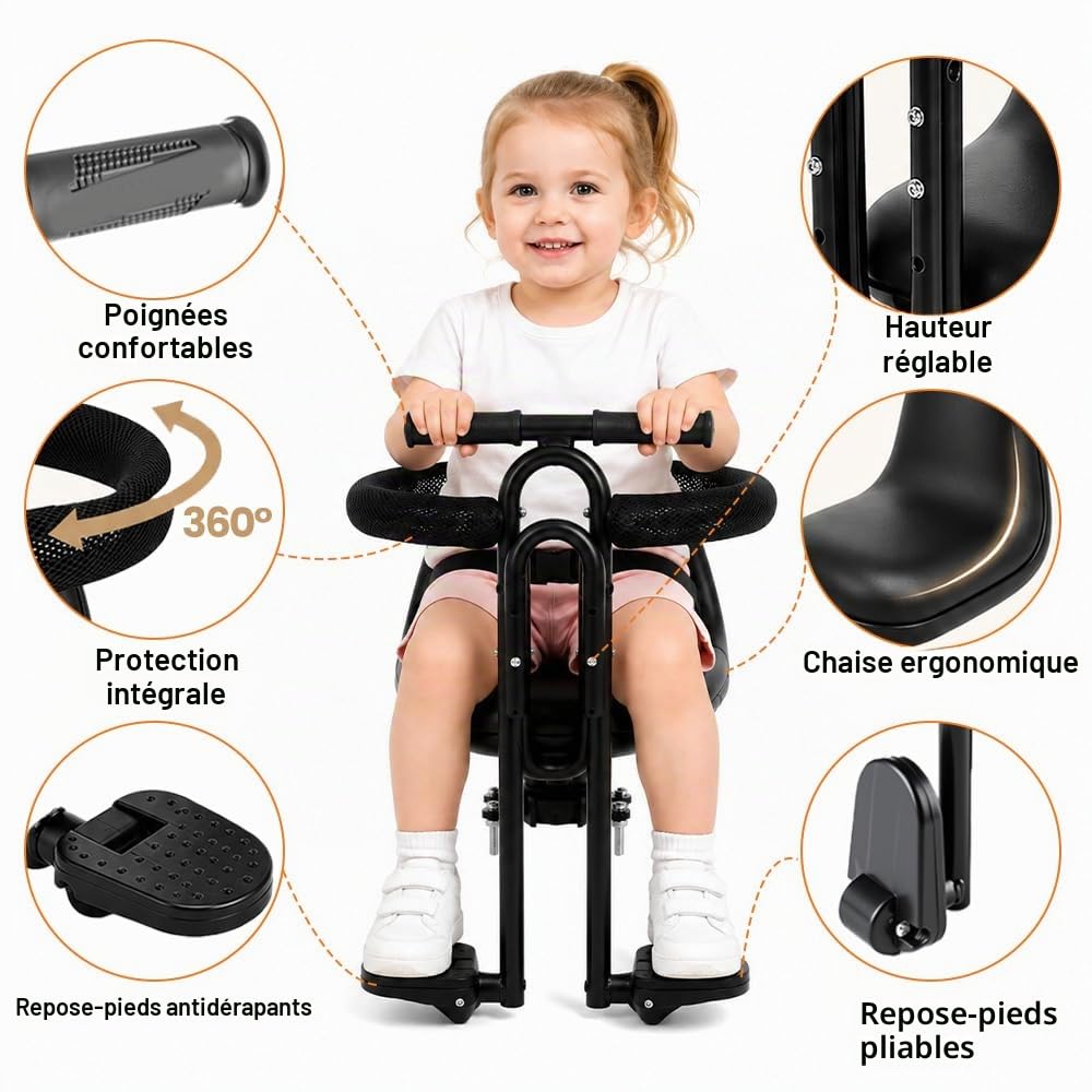 Siege Velo Enfant Avant, Confortable Siège De Vélo pour Enfant, Grille Protection Intégrale Réglable Siege Bebe Velo, Siège Bébé Avant VTT & Vélos Pliants, Noir