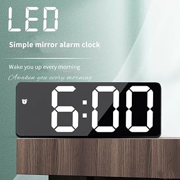 TriLine LED Digital Desk Clock, Bedside Acrylic/Mirror Large Screen Alarm Voice Control Snooze Time Date Temperature Display Night Mode (Black)