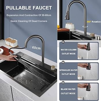 Black Single Slot Waterfall Kitchen Sink Smart Multifunctional Whale Piano Key Modern Sink Kitchen Stainless Steel - Sink, Handmade Sink