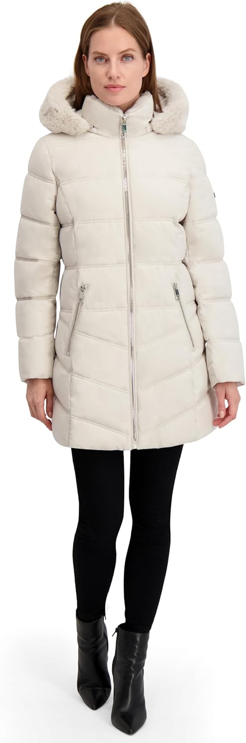 Laundry by Shelli Segal Women's Stretch Quilted Puffer Jacket– Winter Coat, Zip-off Hood Turnback Faux Fur - Image 2